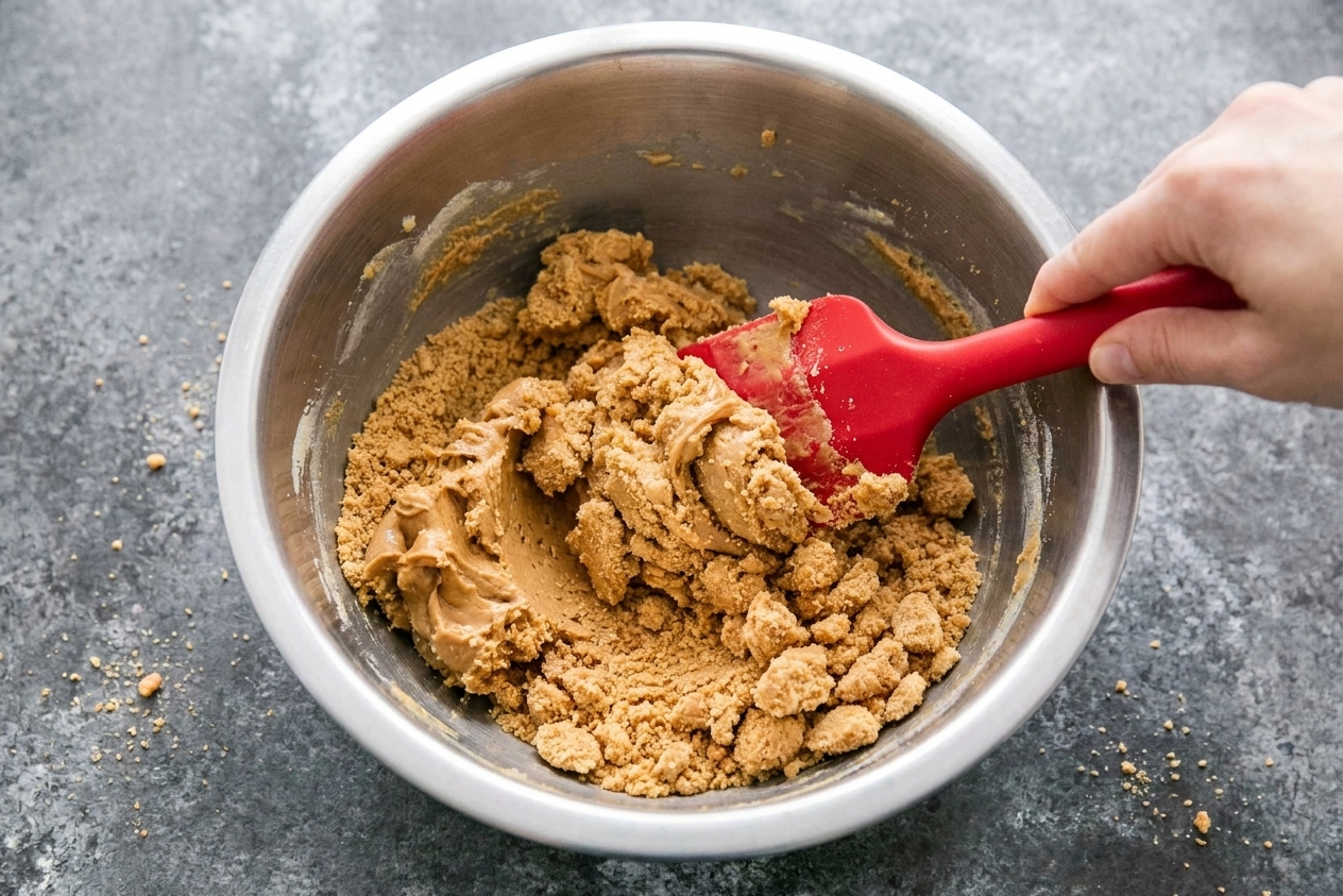 A bowl of peanut butter mixture being stirred with a rubber spatula, showing thick graham crumb dough coming together
