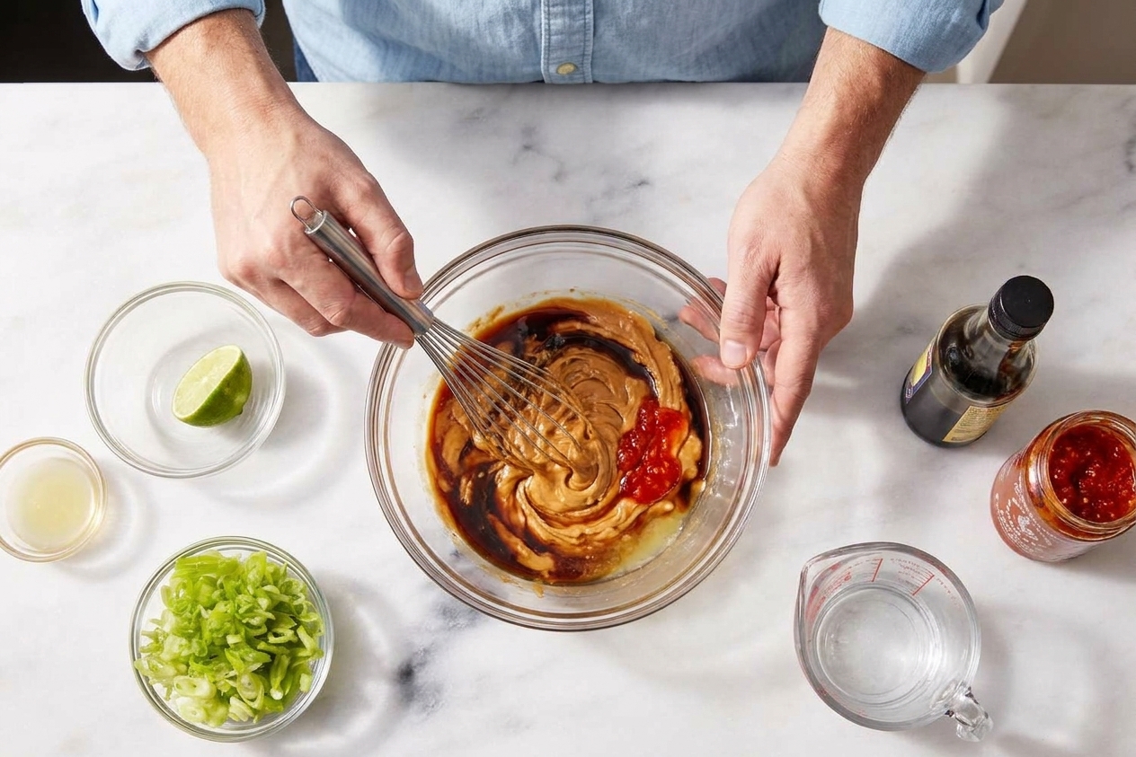 A bowl of peanut butter, soy sauce, lime juice, and chili sauce being whisked together on a kitchen counter with ingredients nearby