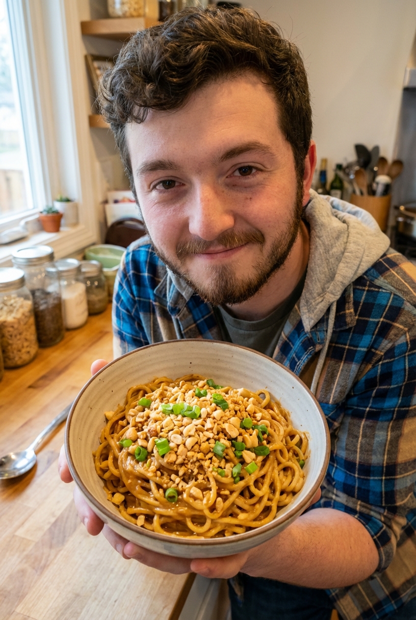 A bowl of peanut noodles topped with crushed peanuts