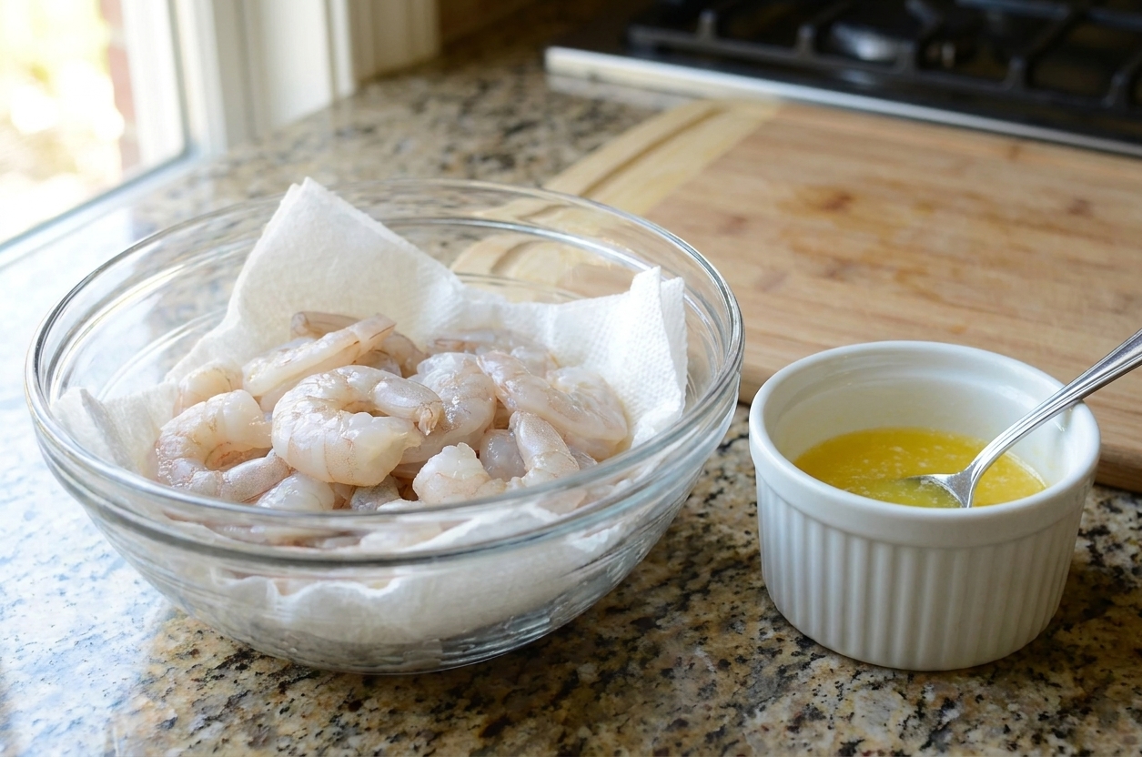 A bowl of peeled and deveined raw shrimp patted dry on a kitchen counter next to a small dish of melted butter