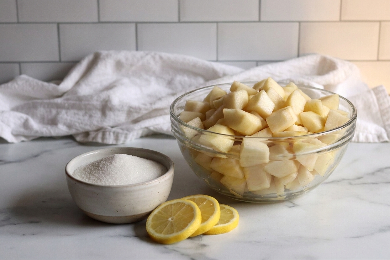A bowl of peeled and diced pears next to measured sugar and a sliced lemon on a tidy kitchen counter with consistent warm lighting