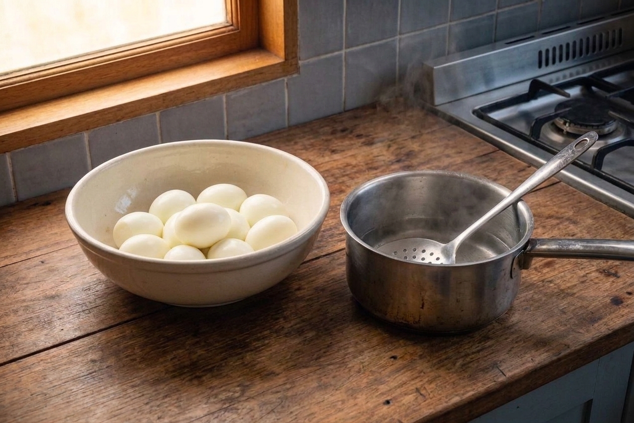 A bowl of peeled boiled eggs on a kitchen counter next to a small pot and a slotted spoon