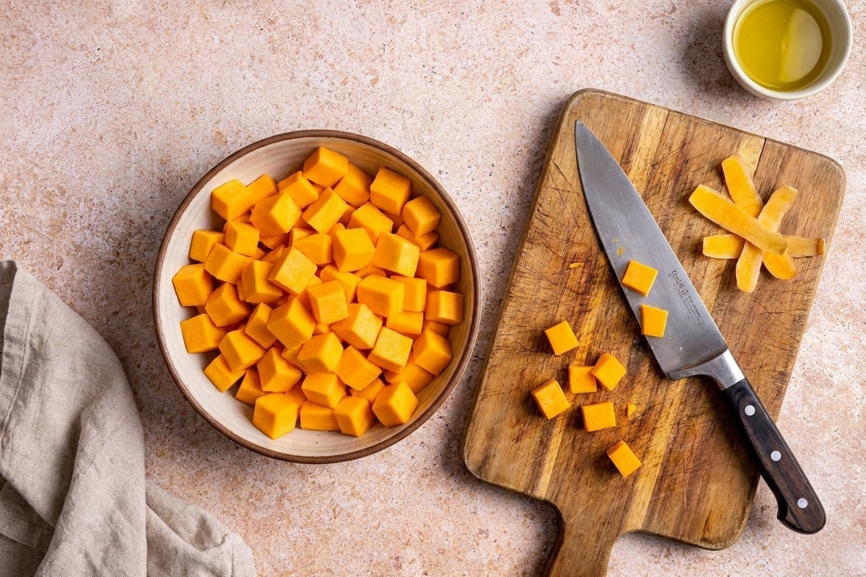 A bowl of peeled butternut squash cubes on a kitchen counter with a chef's knife and cutting board nearby