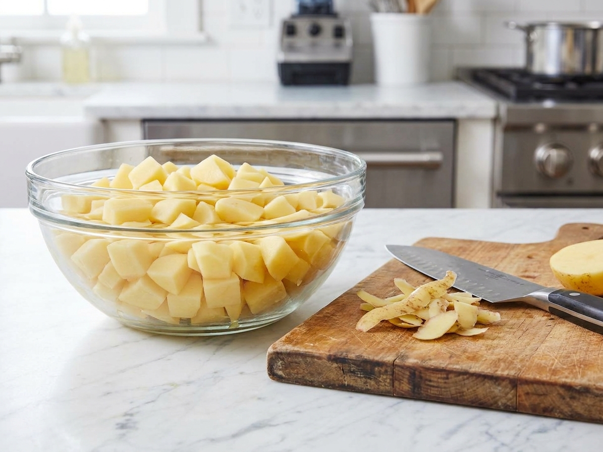 A bowl of peeled, chopped Yukon Gold potatoes on a kitchen counter next to a knife and cutting board