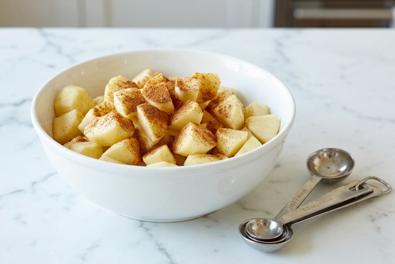 A bowl of peeled diced apples dusted with cinnamon on a kitchen counter next to measuring spoons