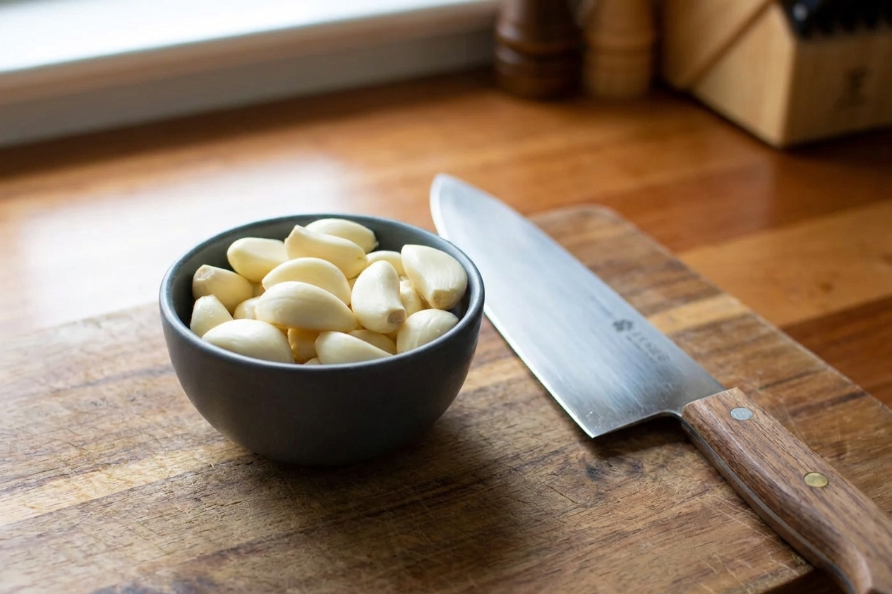 A bowl of peeled garlic cloves on a cutting board beside a chef's knife on a home kitchen counter