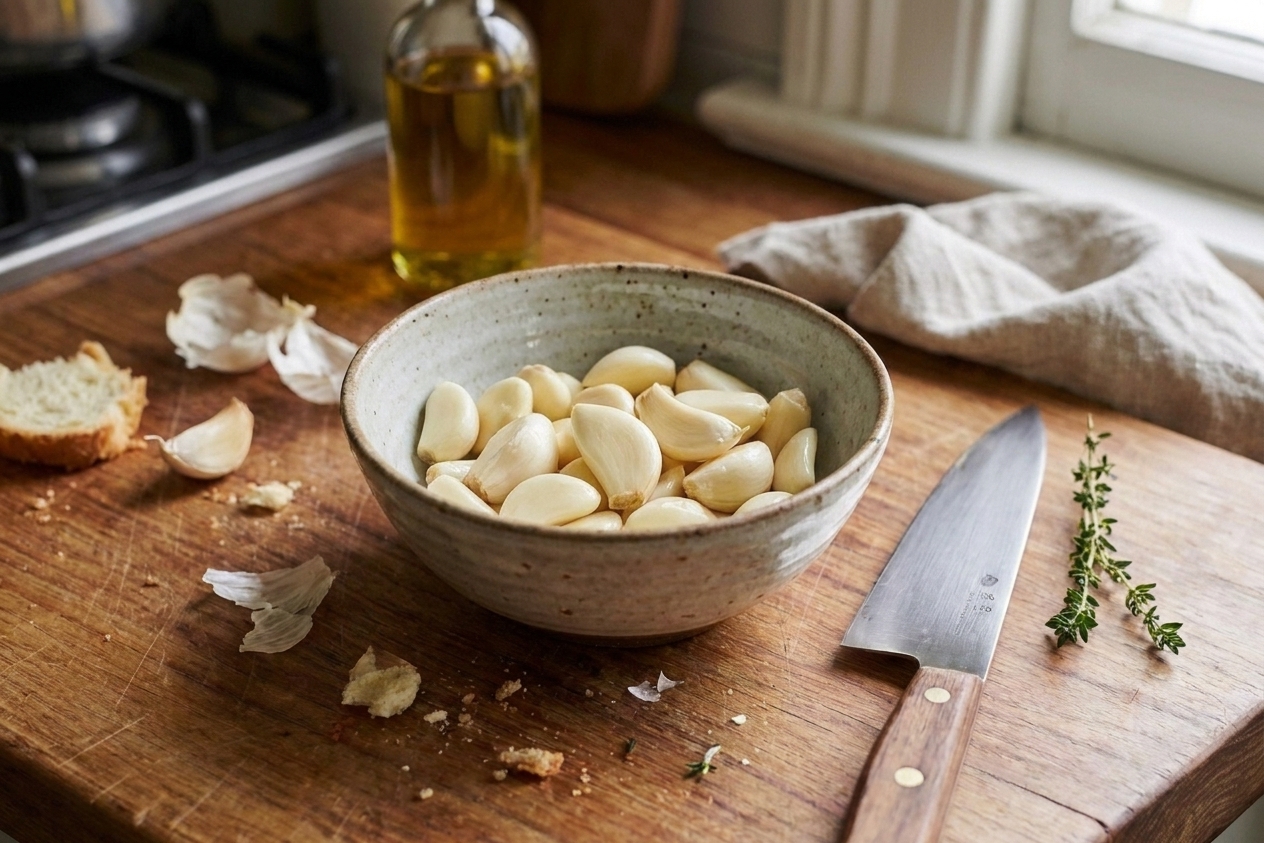 A bowl of peeled garlic cloves on a wooden cutting board next to a chef's knife in a home kitchen