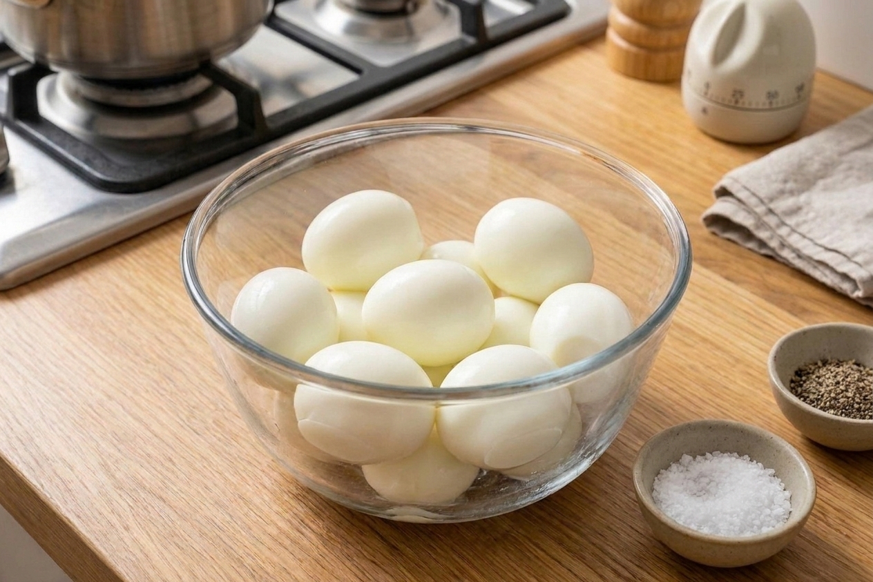 A bowl of peeled hard-boiled eggs on a clean kitchen counter next to a small dish of salt and pepper