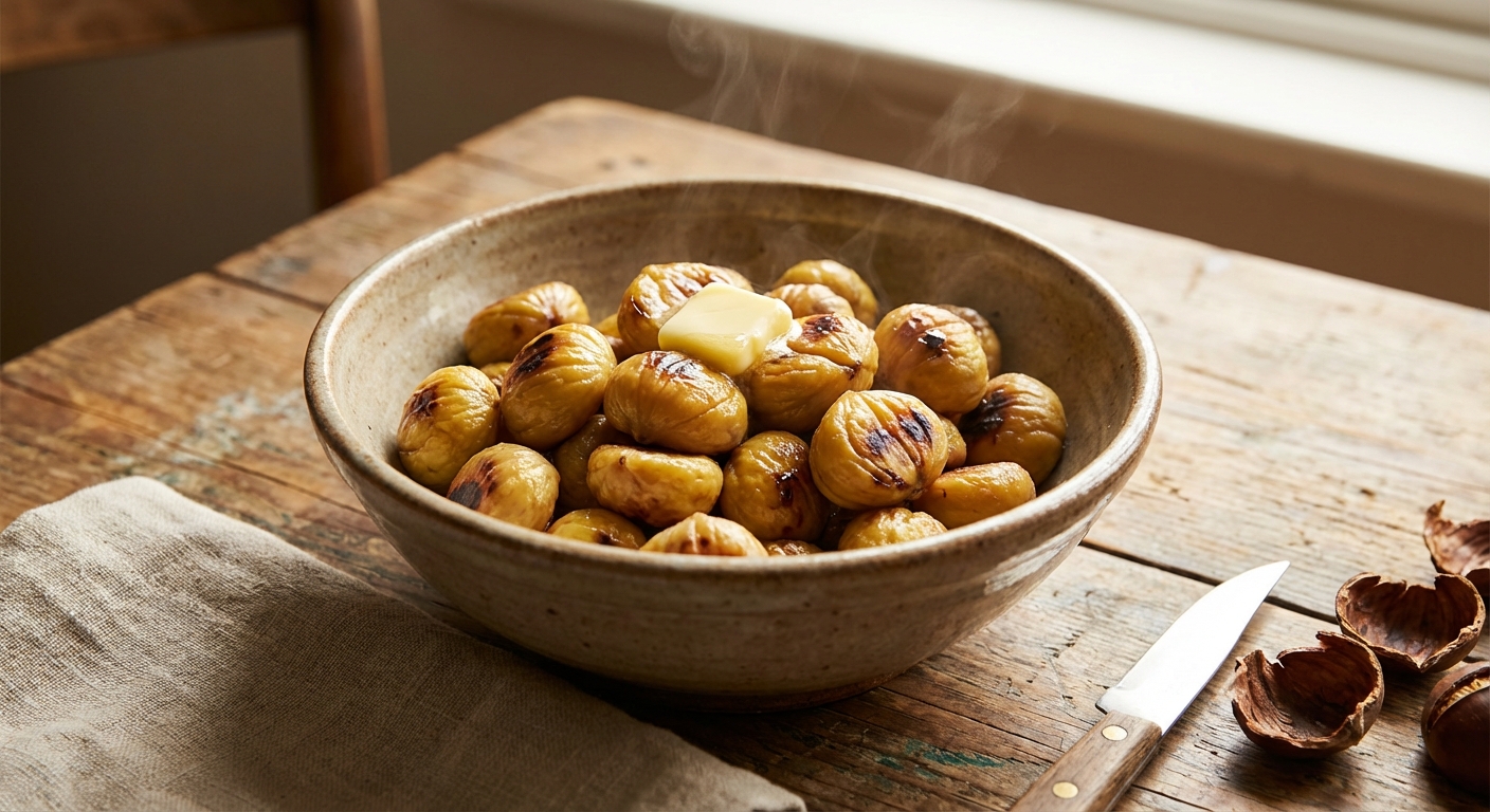 A bowl of peeled roasted chestnuts with a small pat of butter melting on top