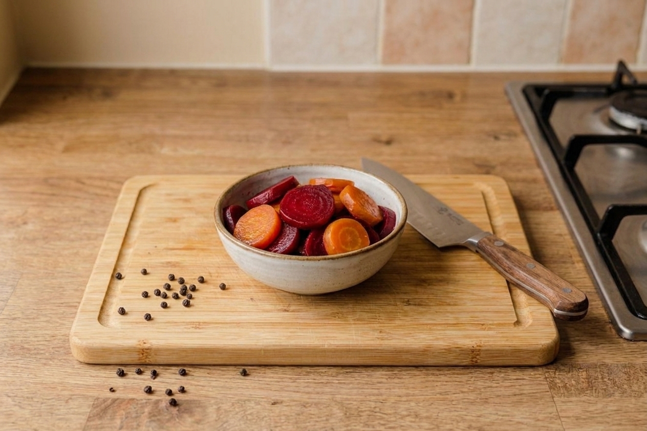 A bowl of peeled, sliced cooked beets on a cutting board with a knife and a few peppercorns scattered nearby on a bright kitchen counter