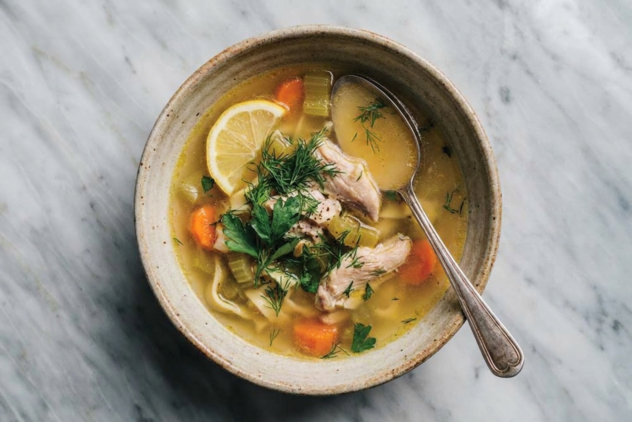 A bowl of penicillin soup topped with fresh herbs and a lemon wedge, set on a kitchen table with a spoon