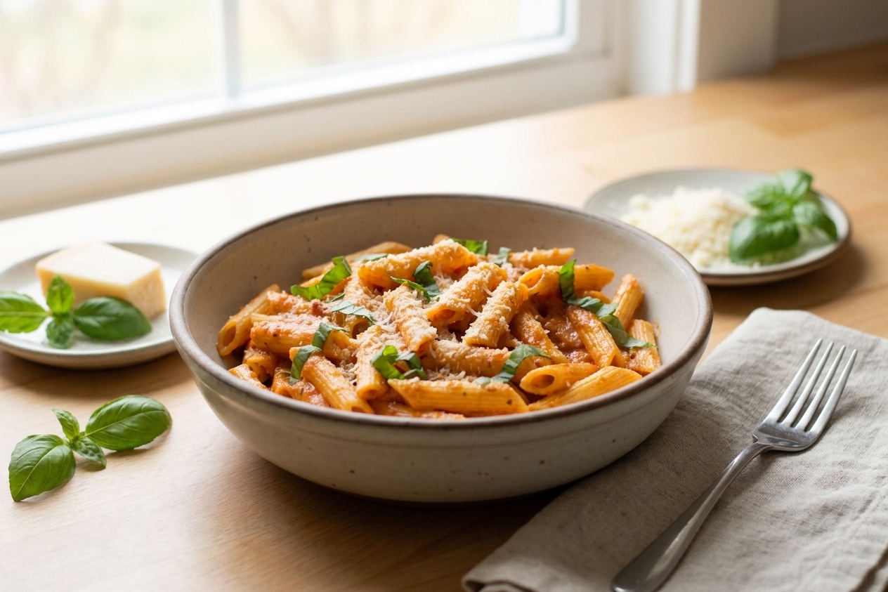 A bowl of penne pasta in creamy tomato sauce topped with grated Parmesan and torn basil, set on a simple dinner table with forks and napkins