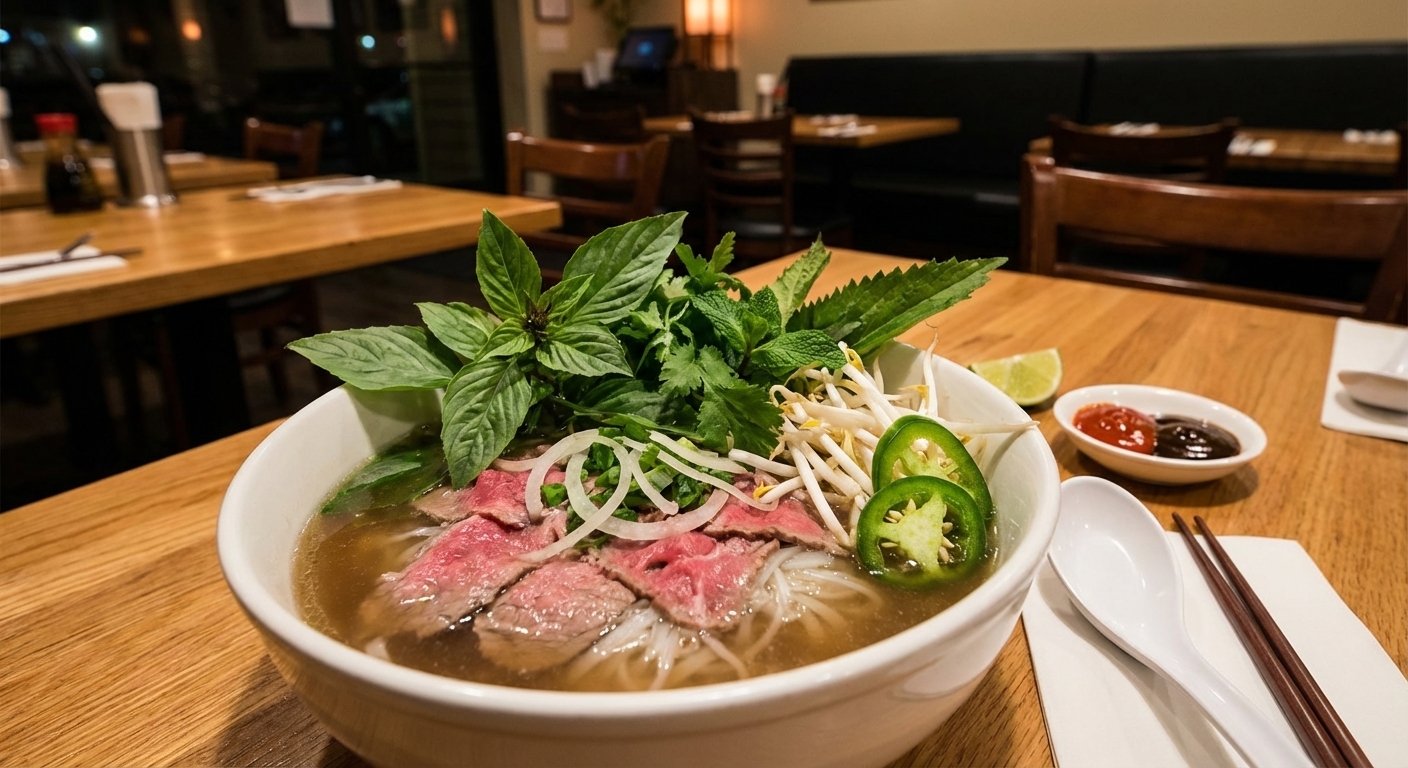 A bowl of pho with noodles, herbs, and sliced beef