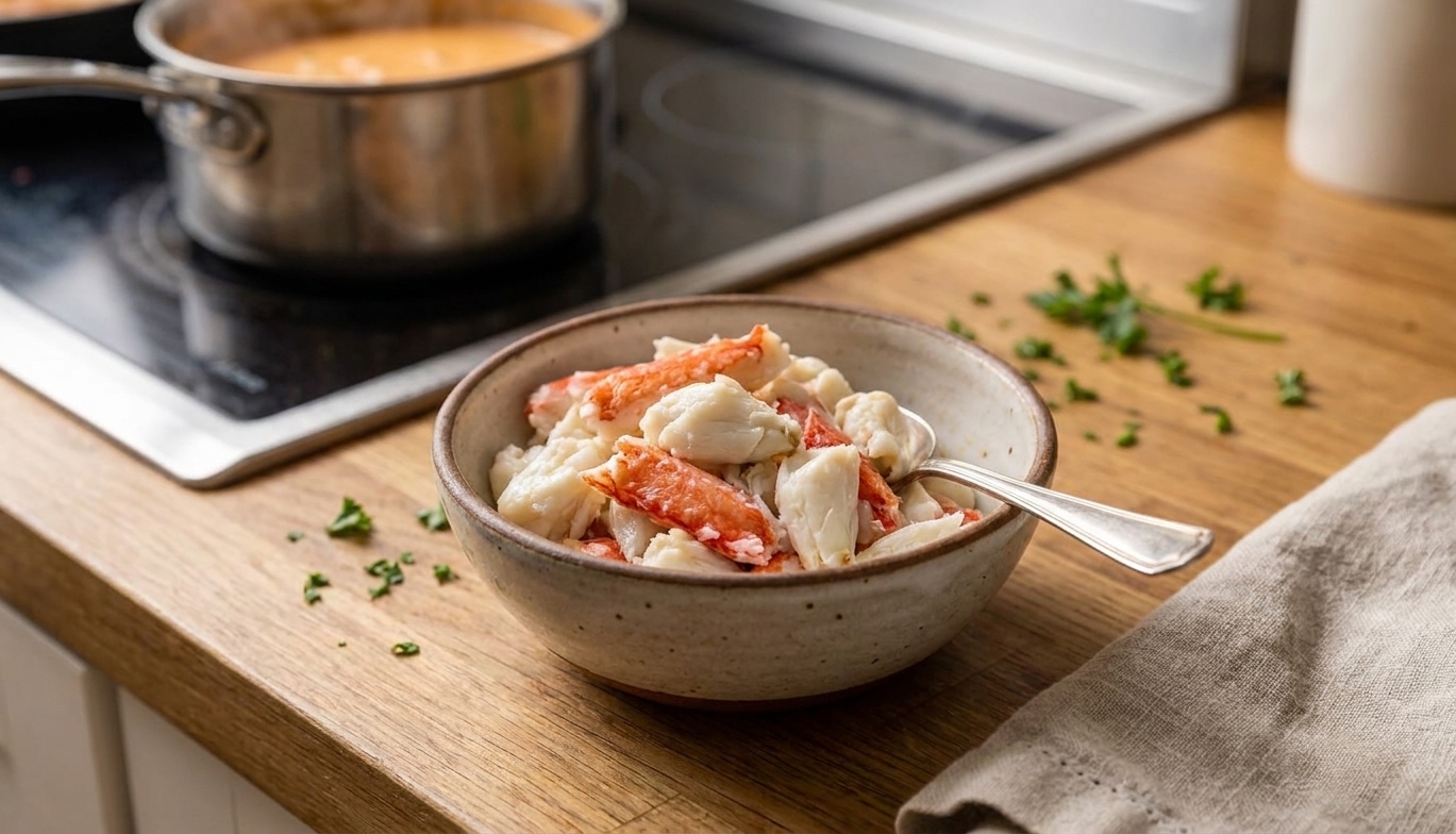 A bowl of picked crab meat on a kitchen counter with a small fork nearby, ready to be added to soup