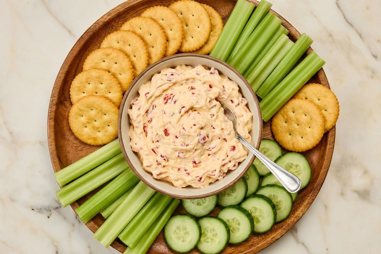 A bowl of pimento cheese dip on a platter surrounded by crackers, celery sticks, and sliced cucumbers on a bright kitchen table
