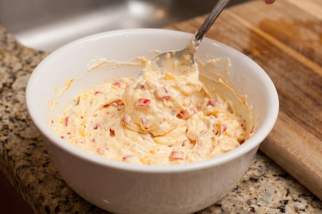 A bowl of pimento cheese spread being stirred with a spoon, showing a creamy but slightly chunky texture