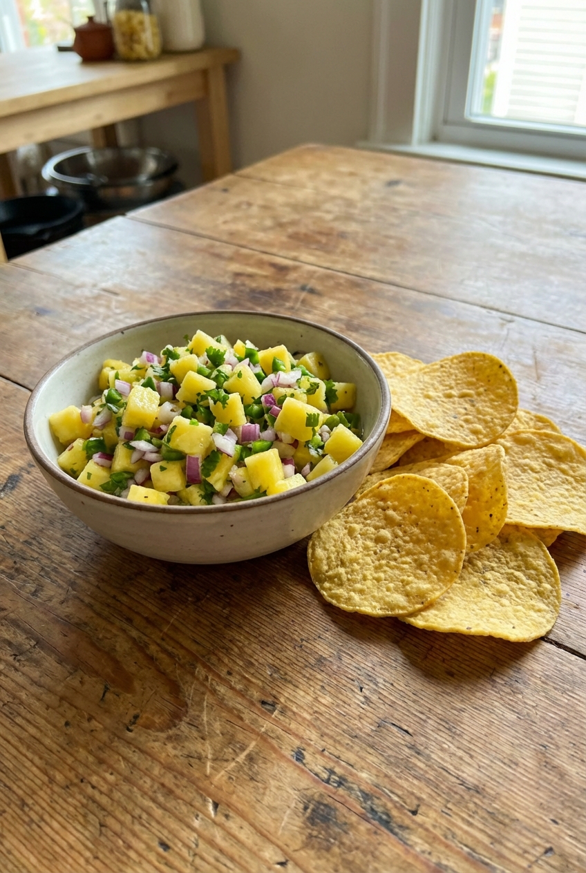 A bowl of pineapple salsa with tortilla chips on a wooden table