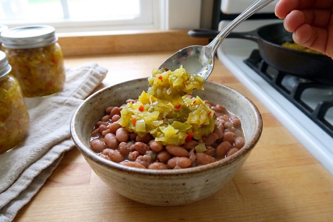 A bowl of pinto beans topped with a spoonful of chow-chow relish on a rustic table setting