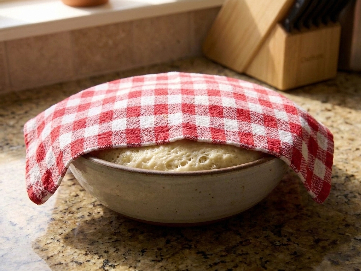 A bowl of pizza dough covered with a towel on a kitchen counter, dough visibly risen and airy