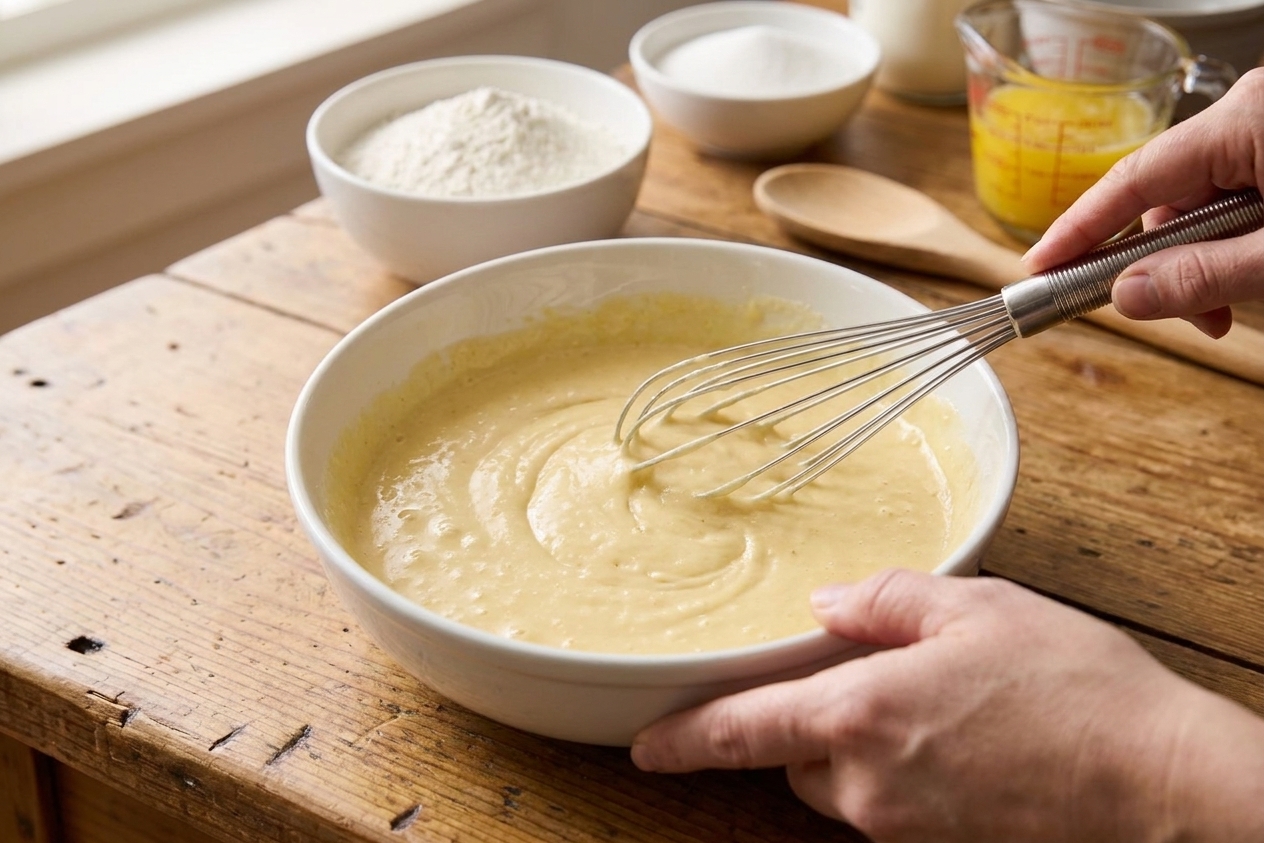A bowl of pizzelle batter being whisked until smooth on a kitchen counter