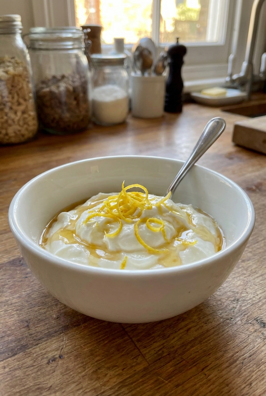A bowl of plain Greek yogurt with lemon zest and a drizzle of honey