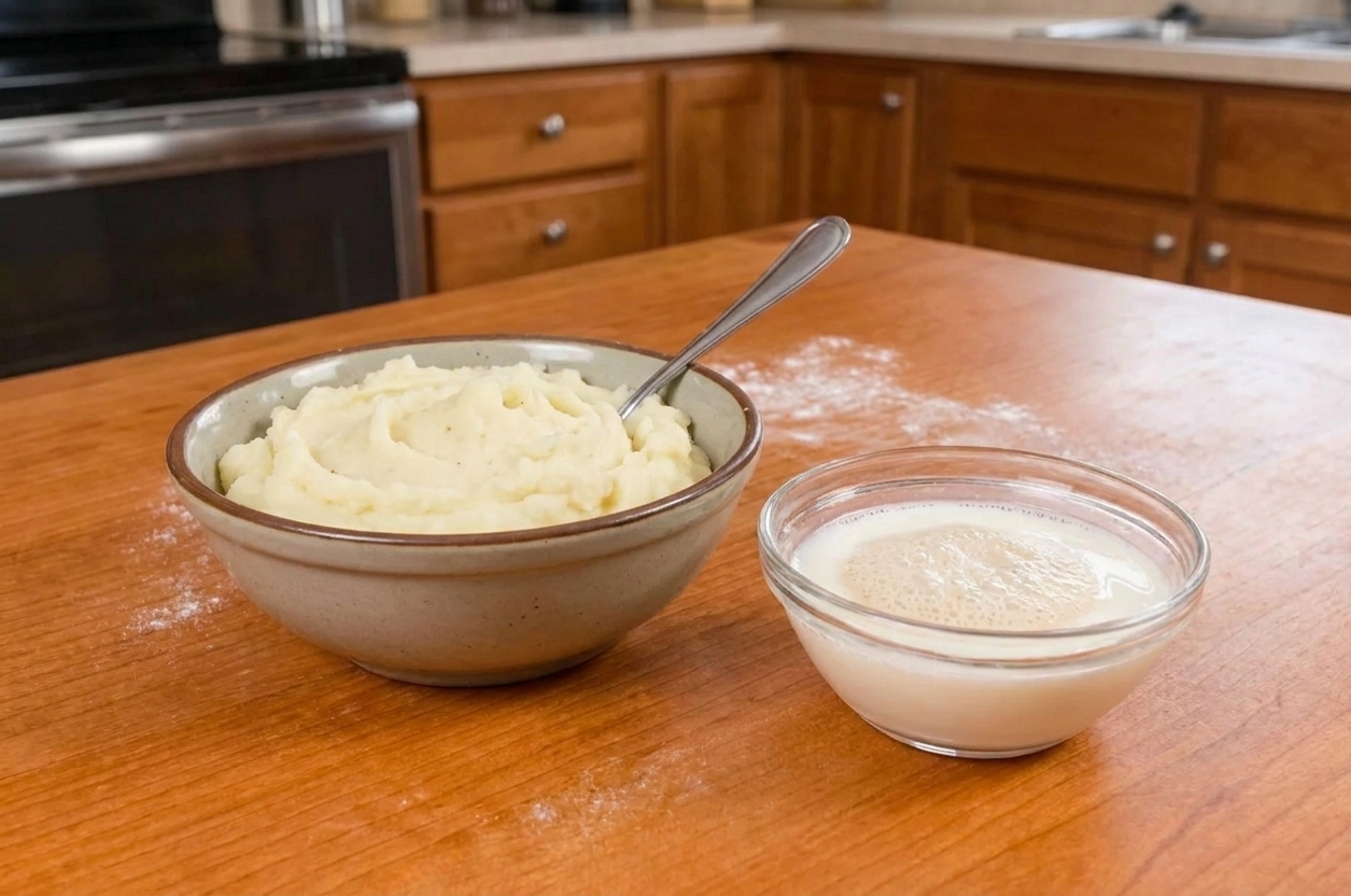A bowl of plain mashed potato next to a small bowl of bloomed yeast and warm milk on a kitchen counter