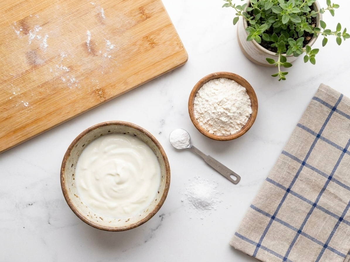A bowl of plain yogurt next to flour, baking powder, and salt on a kitchen counter, ingredients ready for quick no-yeast flatbread