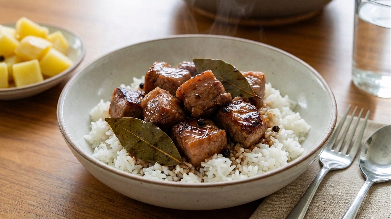 A bowl of pork adobo with glossy dark sauce, tender pork pieces, bay leaves, and white rice on a warm-toned kitchen table with soft natural light