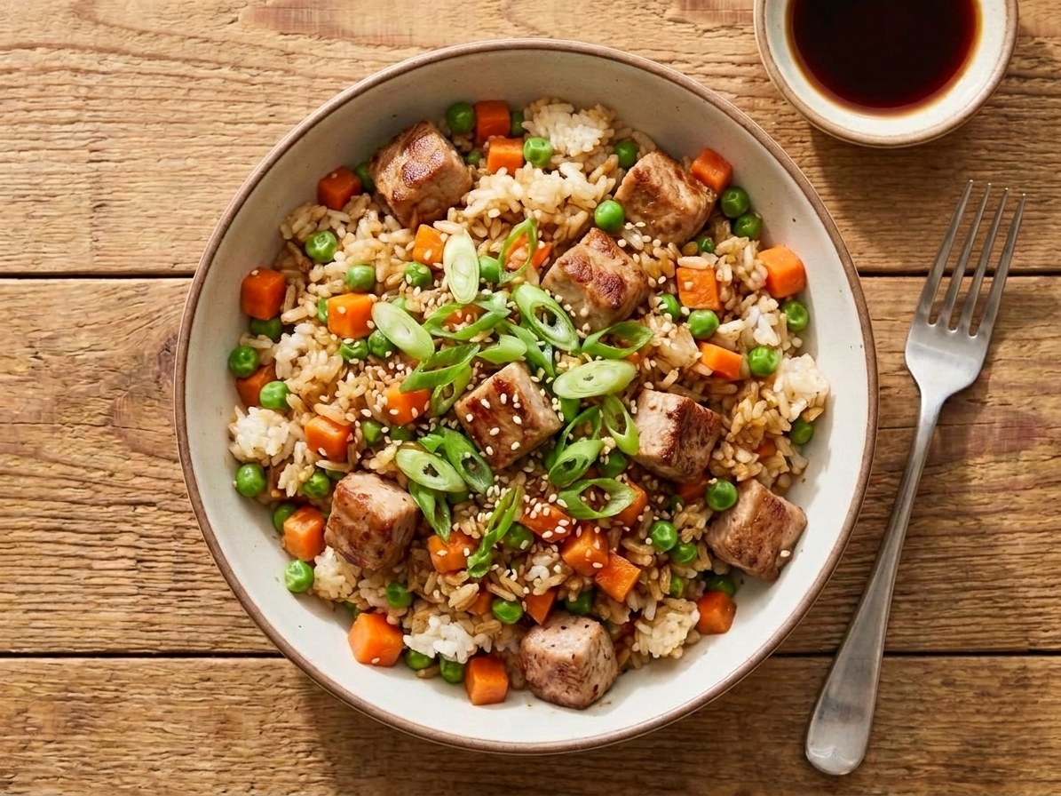 A bowl of pork fried rice with sliced leftover pork tenderloin, peas, carrots, and scallions on a wooden table with a fork nearby, warm kitchen lighting