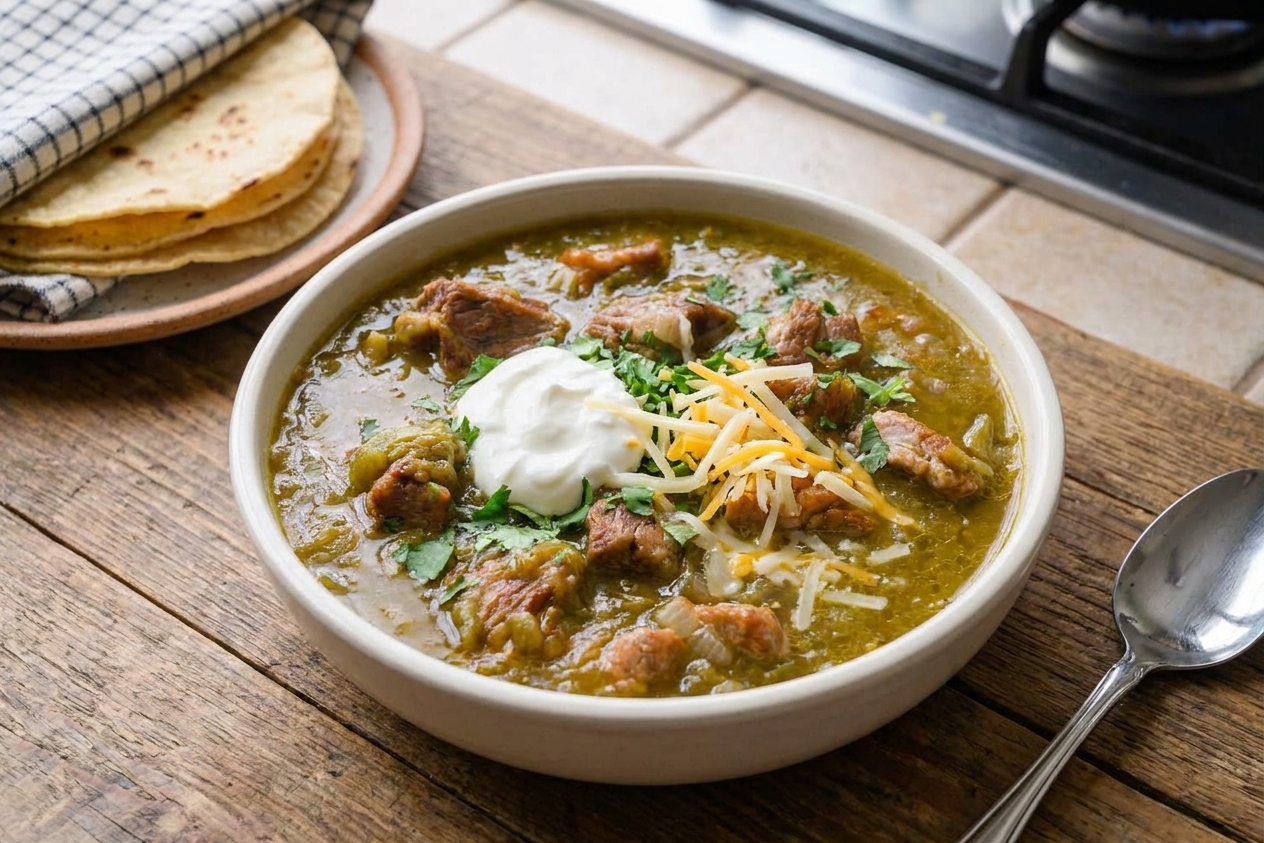 A bowl of pork green chili topped with sour cream, shredded cheese, and chopped cilantro, with warm tortillas on a plate beside it on a wooden table