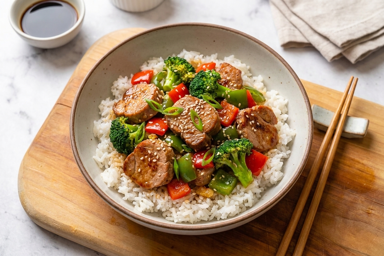 A bowl of pork stir fry served over white rice with sesame seeds and sliced scallions on a wooden table