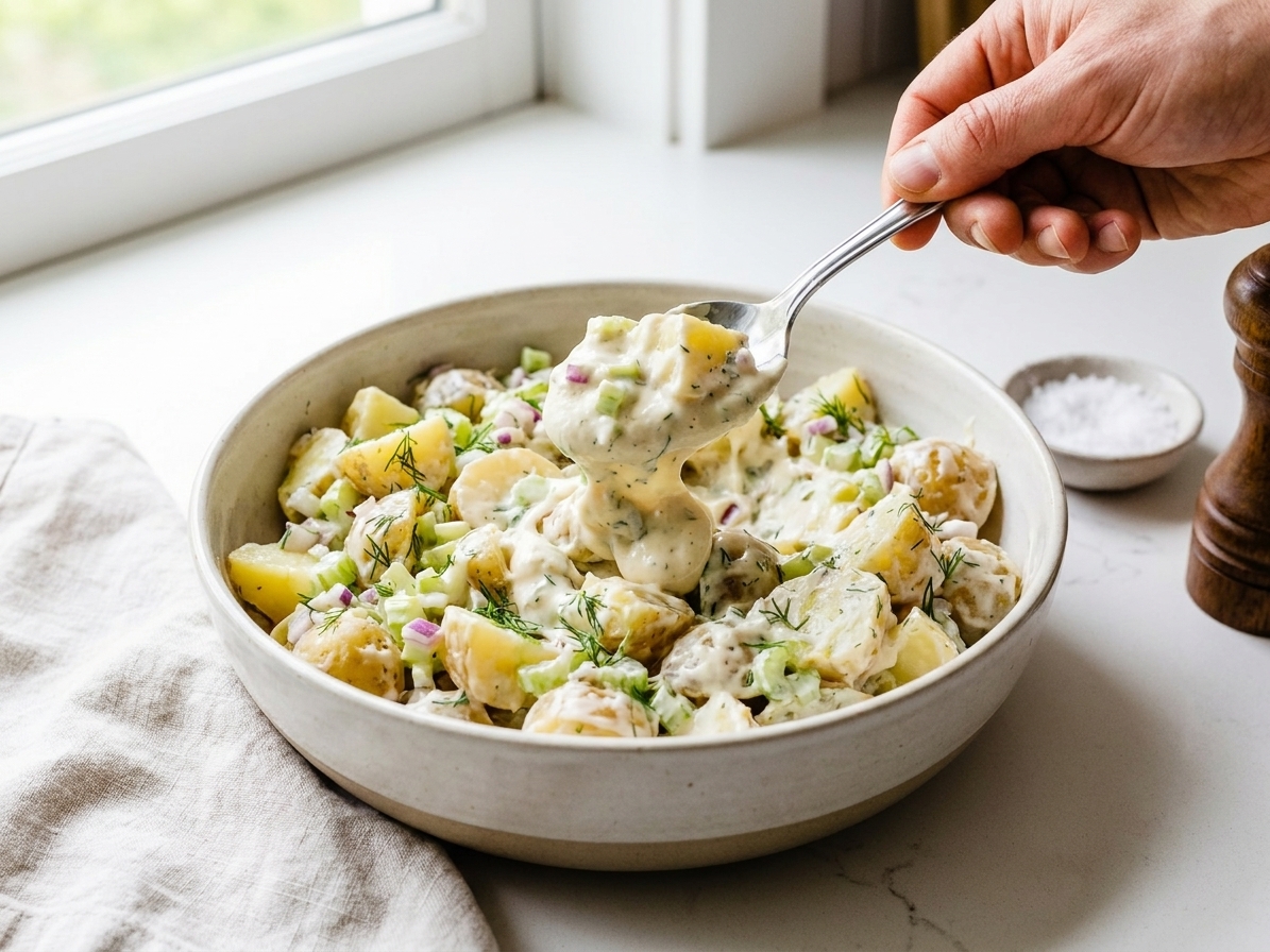 A bowl of potato salad being stirred with a spoon, showing creamy dressing clinging to potatoes and herbs on a kitchen counter