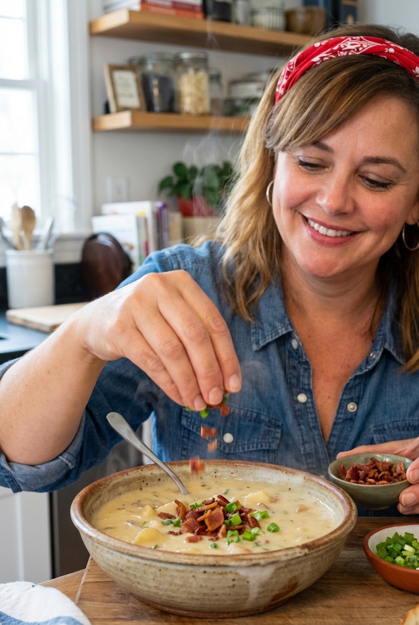 A bowl of potato soup being topped with crispy bacon and chopped green onions