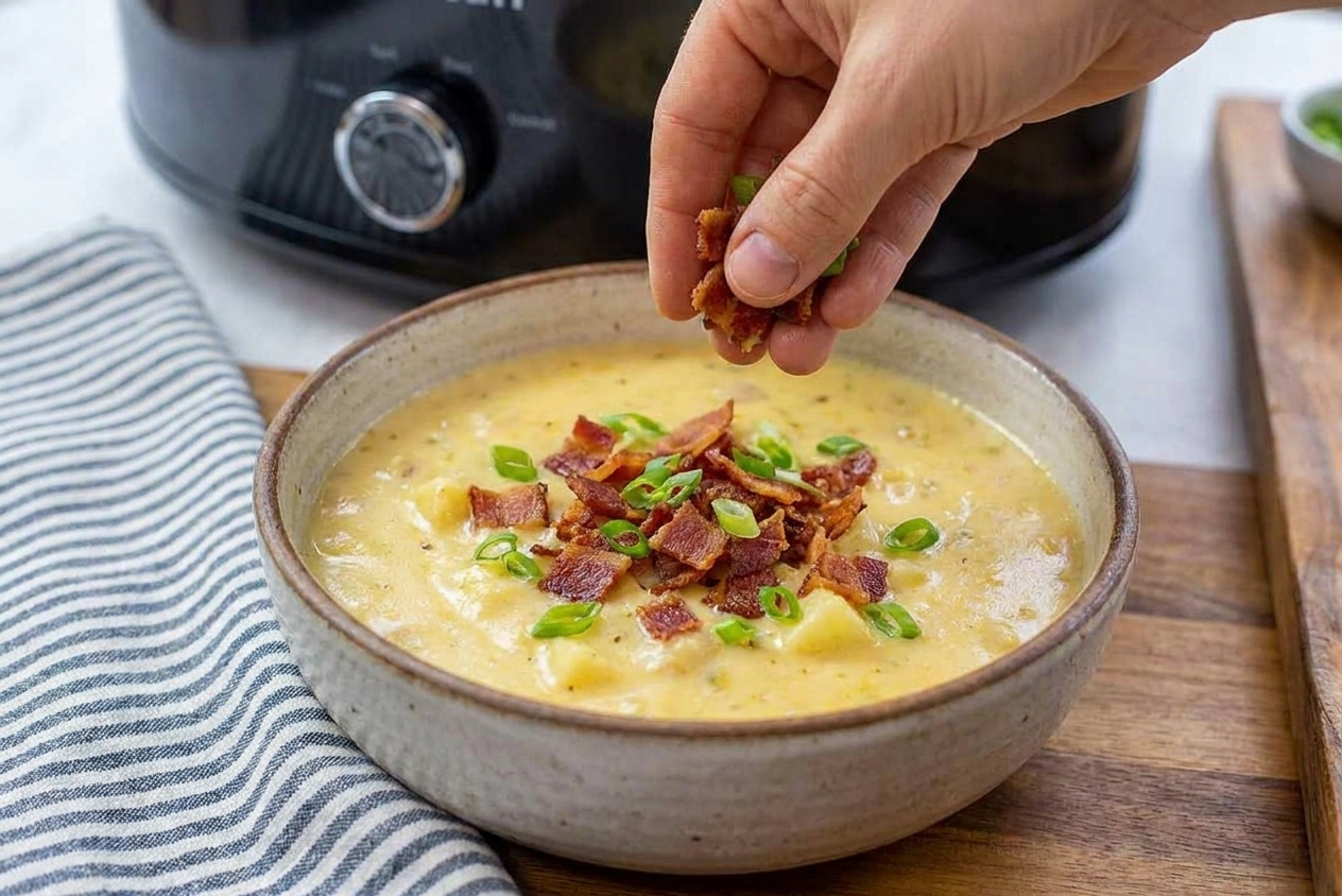 A bowl of potato soup being topped with crispy bacon pieces and sliced green onions on a kitchen counter
