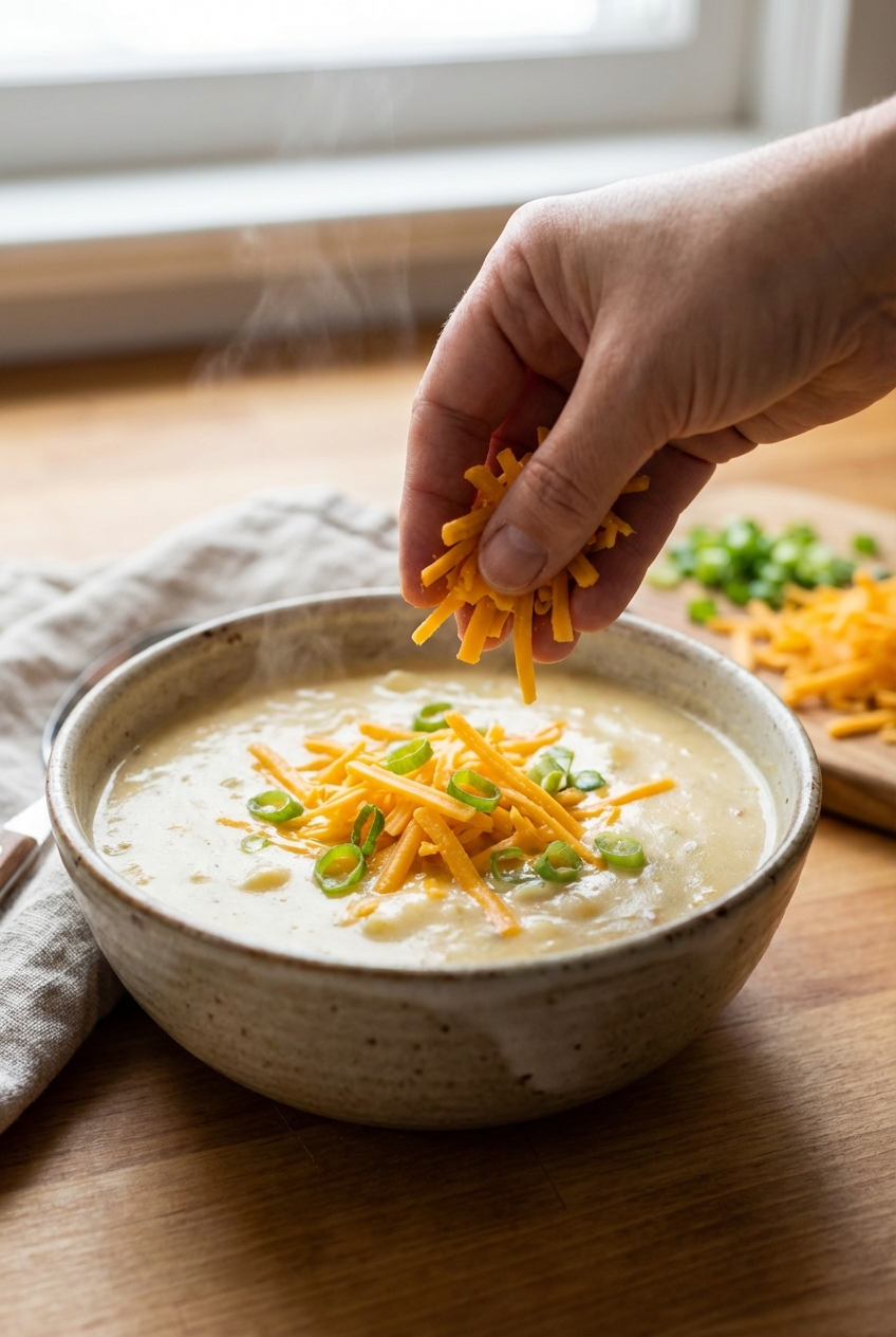 A bowl of potato soup being topped with shredded cheddar and sliced green onions