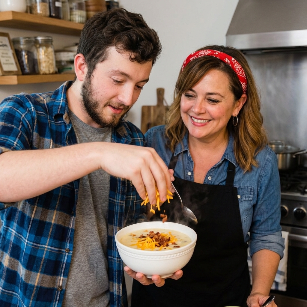 A bowl of potato soup being topped with shredded cheddar and bacon