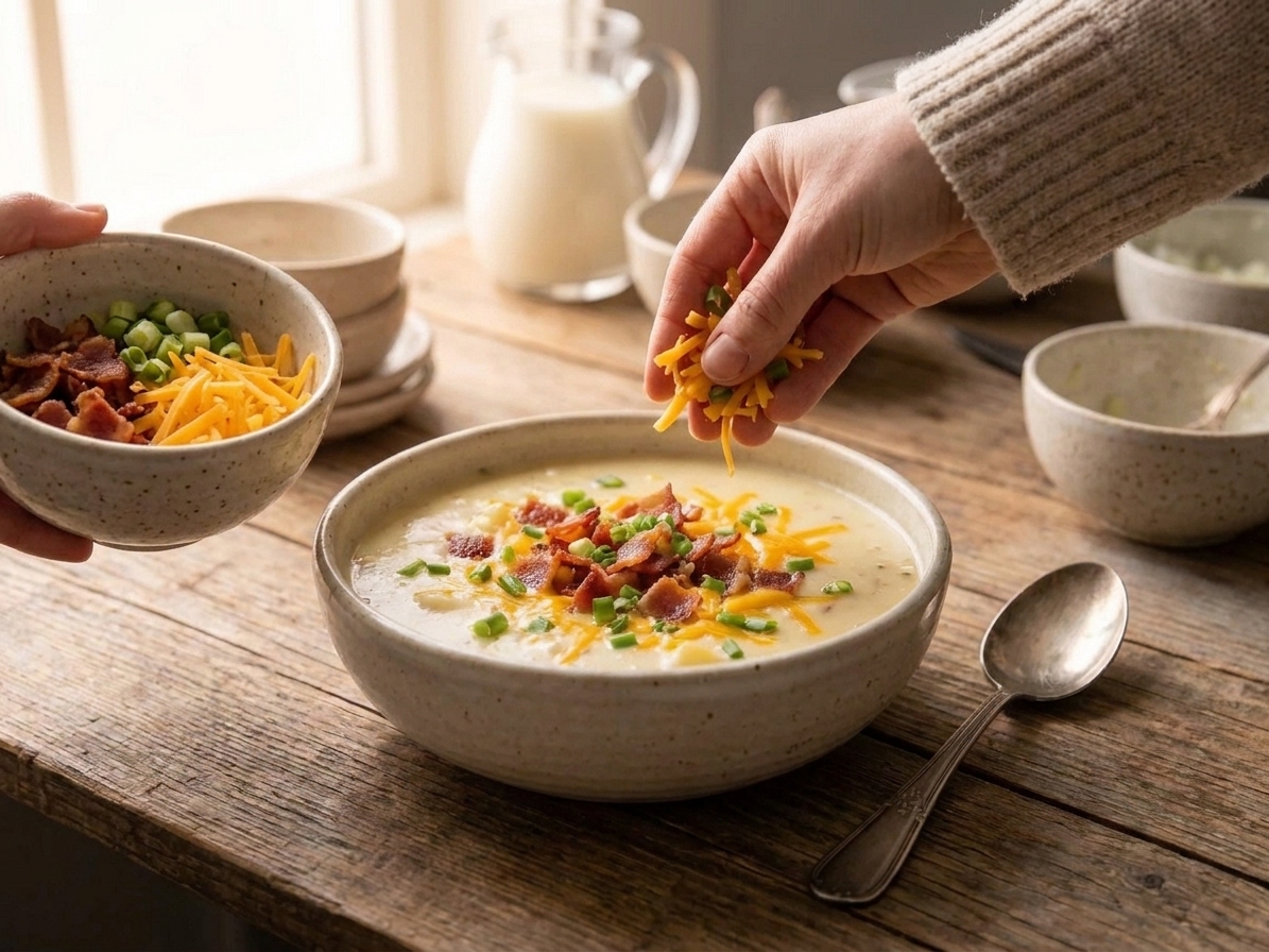 A bowl of potato soup being topped with shredded cheddar, crispy bacon pieces, and sliced green onions on a wooden table