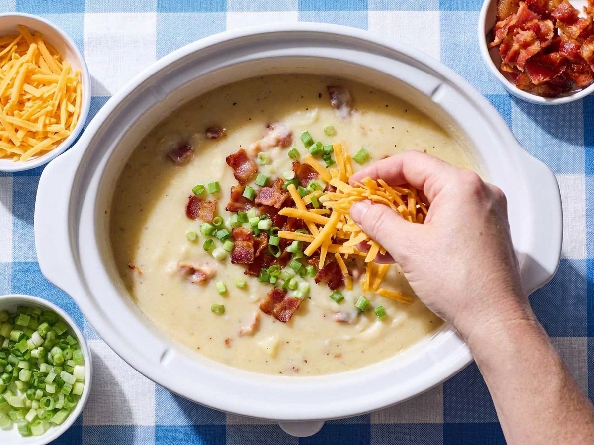 A bowl of potato soup being topped with shredded cheddar, bacon crumbles, and chopped green onions