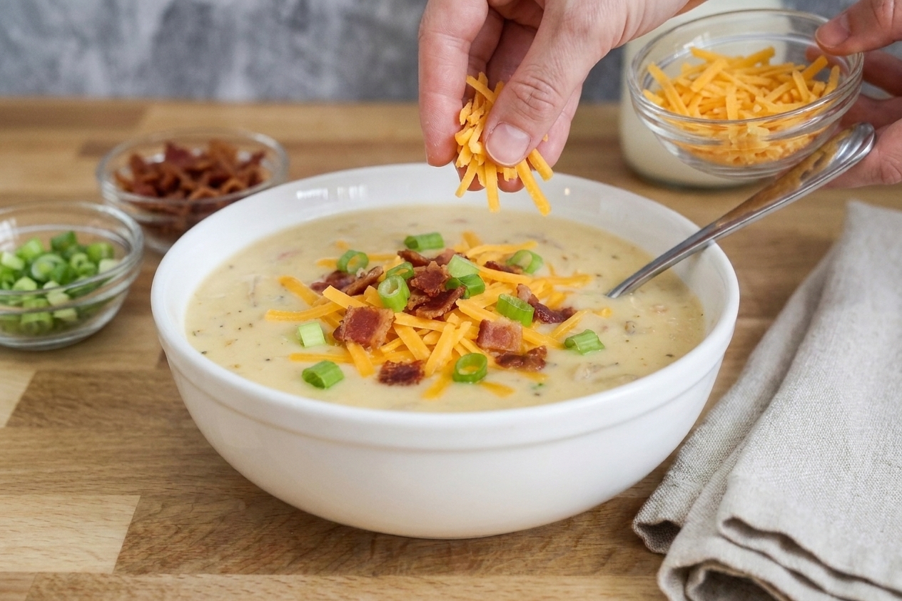 A bowl of potato soup being topped with shredded cheddar, bacon crumbles, and sliced green onions on a kitchen counter