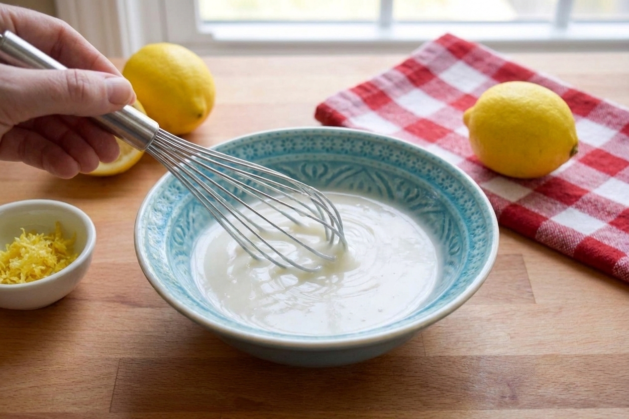 A bowl of powdered sugar glaze being whisked until smooth on a kitchen counter