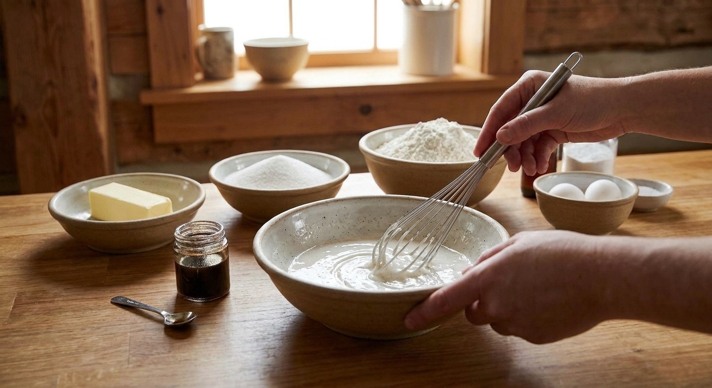 A bowl of powdered sugar glaze being whisked with vanilla bean paste on a bright kitchen counter