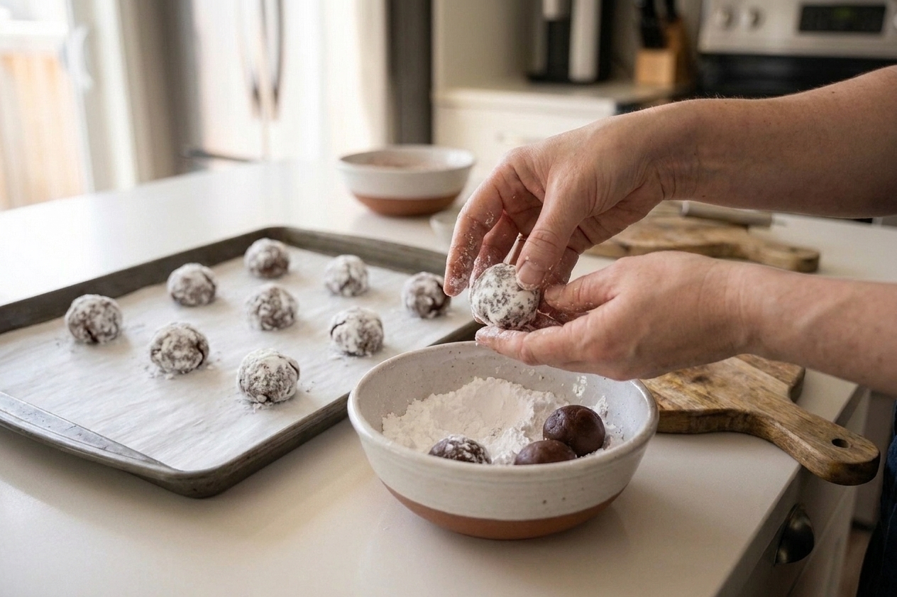 A bowl of powdered sugar next to chocolate cookie dough balls being rolled until fully coated on a parchment-lined baking sheet
