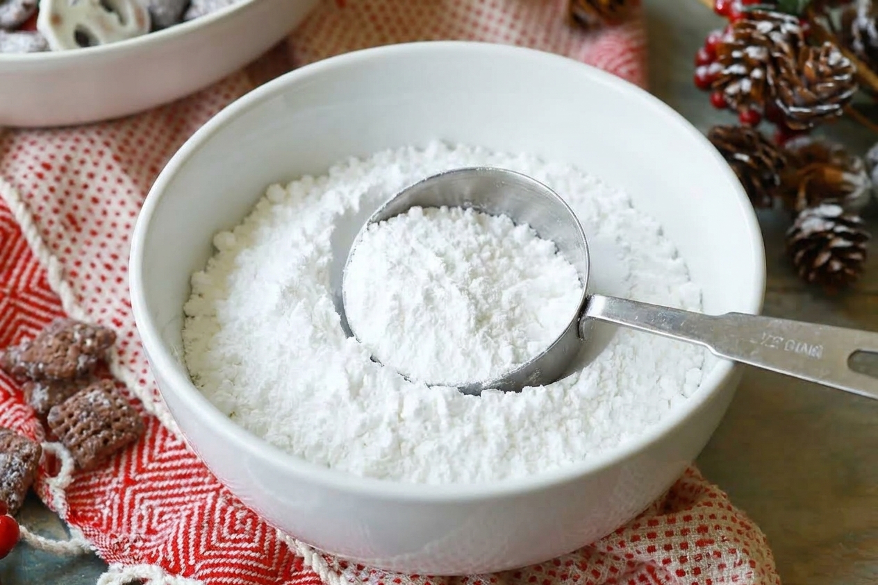 A bowl of powdered sugar with a measuring cup beside it on a kitchen counter, ready for coating puppy chow