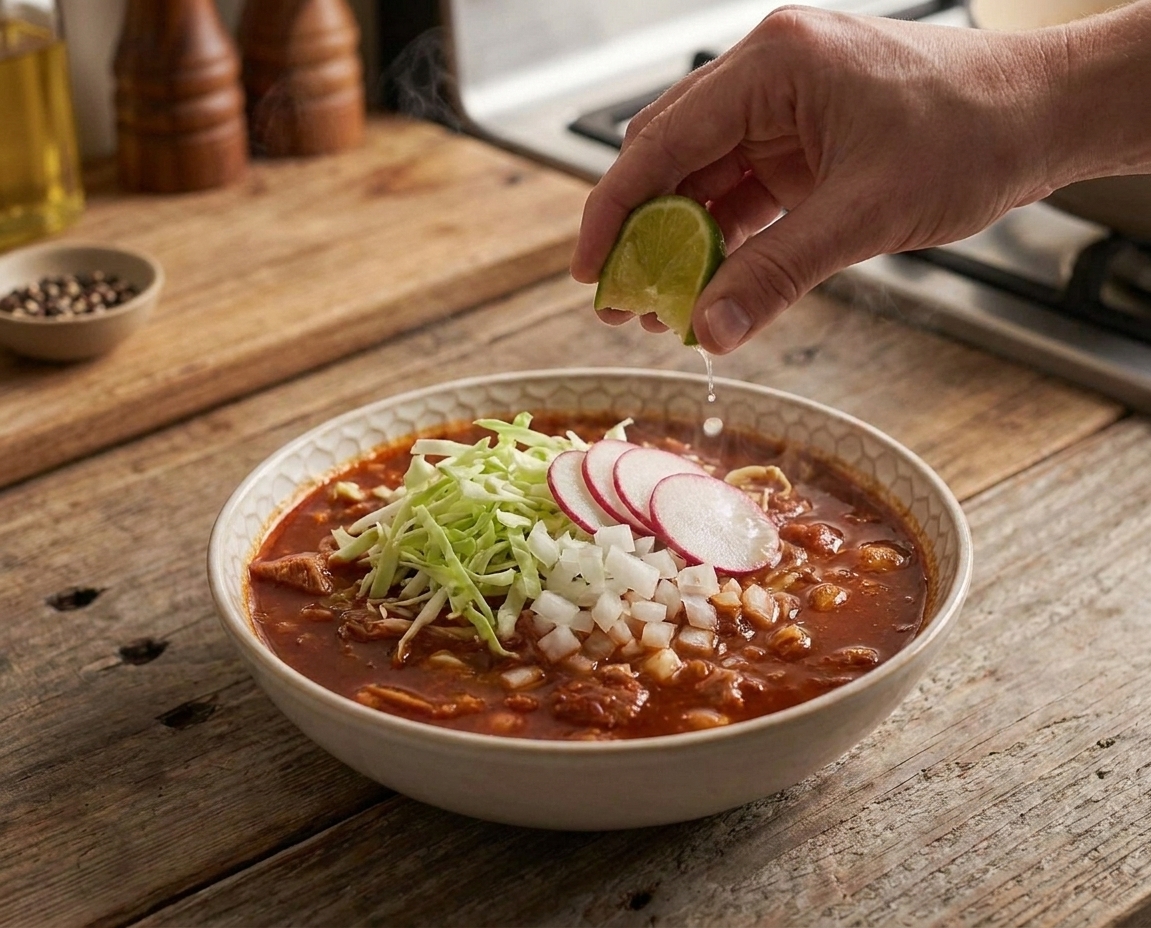 A bowl of pozole rojo being topped with shredded cabbage, sliced radishes, diced onion, and a squeeze of fresh lime on a kitchen counter