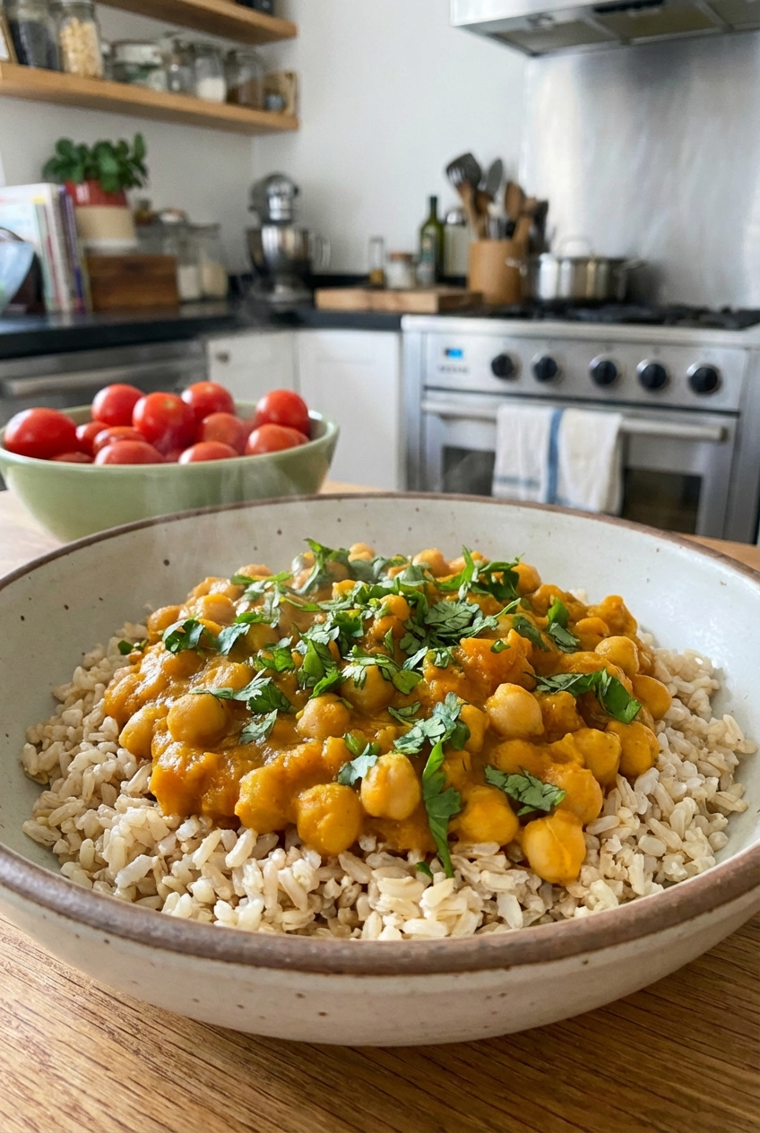 A bowl of pumpkin chickpea curry served over brown rice with cilantro sprinkled on top