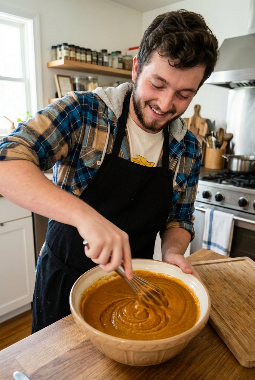 A bowl of pumpkin pie filling being whisked until smooth on a kitchen counter