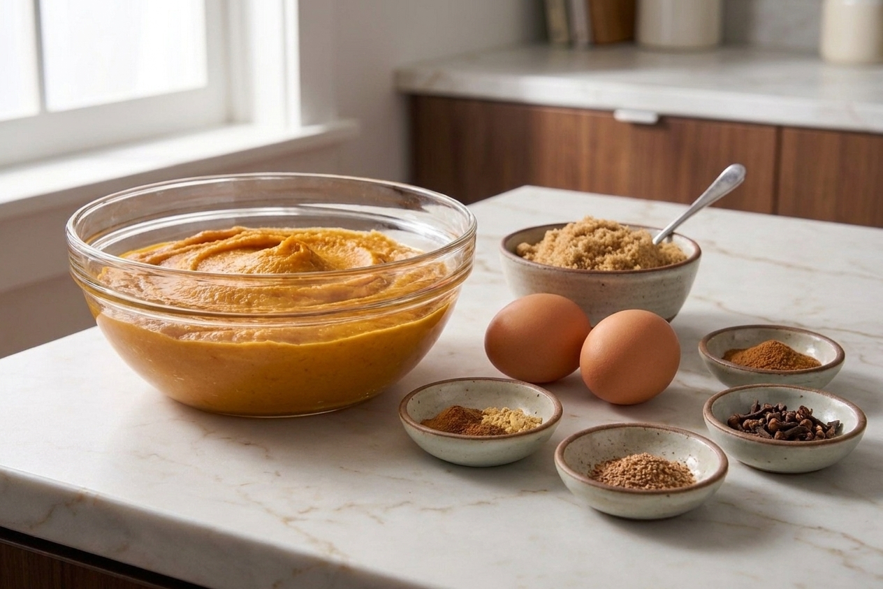 A bowl of pumpkin puree with eggs nearby and small bowls of cinnamon, ginger, nutmeg, cloves, and brown sugar on a kitchen counter