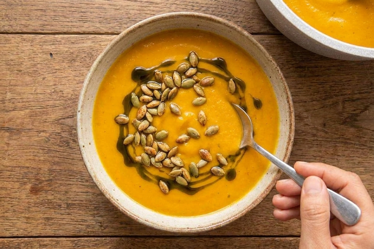 A bowl of pumpkin soup topped with toasted pepitas and a glossy drizzle of pumpkin seed oil on a wooden table