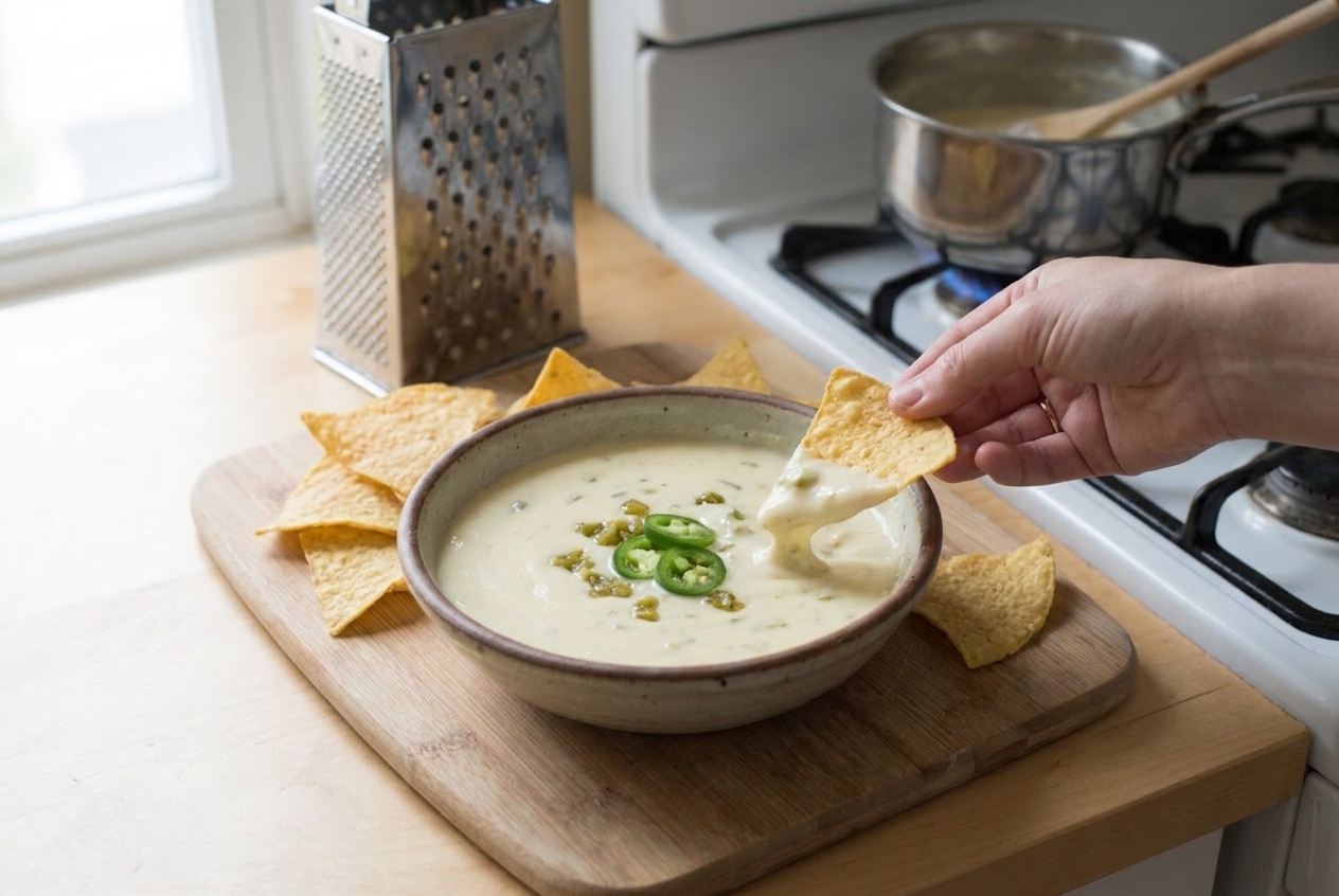 A bowl of queso blanco on a table with tortilla chips dipping into the creamy cheese, green chiles visible on top