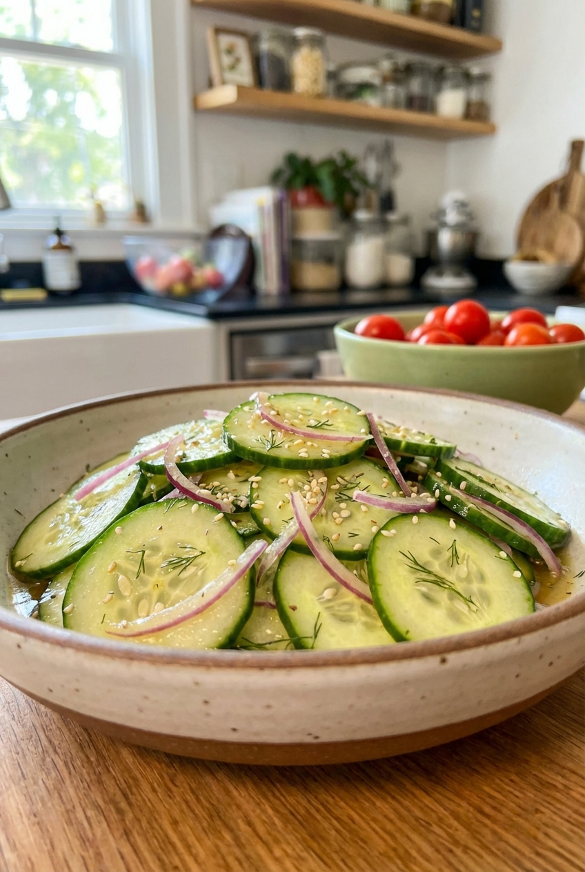 A bowl of quick cucumber salad with sesame seeds